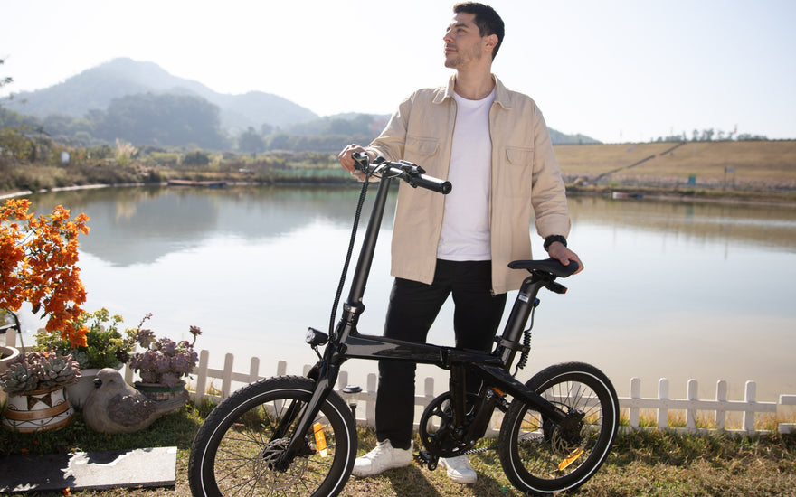 Cyclists riding e-bikes through UK countryside, coastal routes and urban cycling paths.
