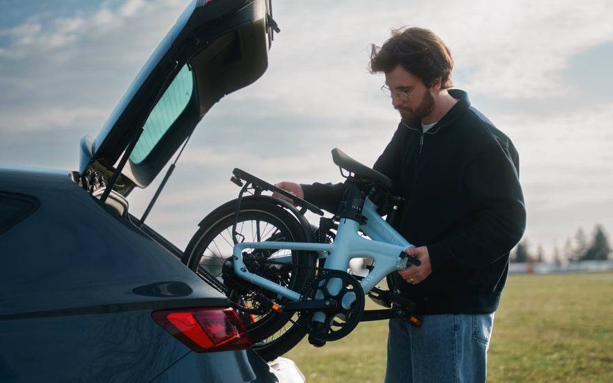 ADO Air 20 Ultra 2026 folding e-bike stored in a car trunk for convenient commuting and compact travel in the UK