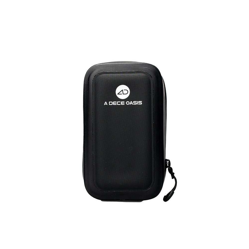 Front view of the ADO CB11 bike seat bag featuring a sleek black design, durable polyester twill exterior, and the A DECE OASIS logo.