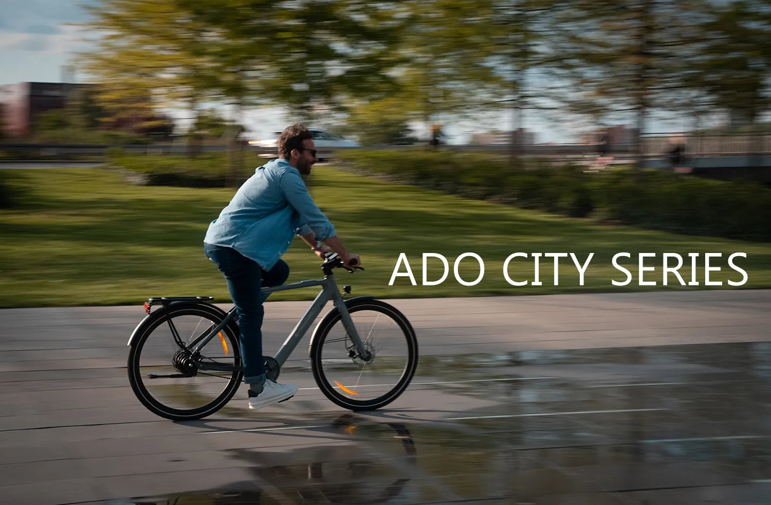 Two people riding the ADO Air 30 Ultra city electric bike through the city.