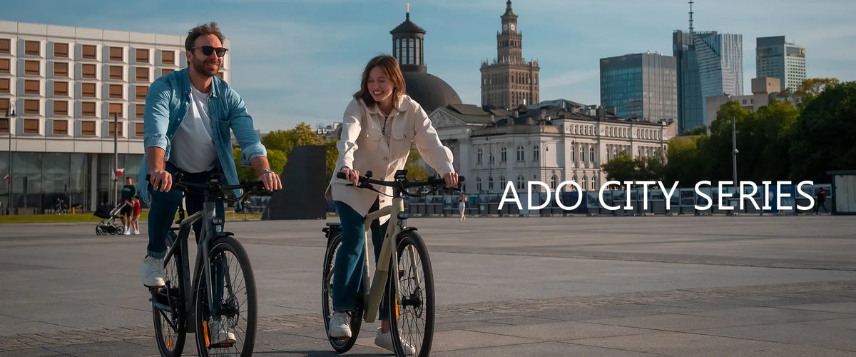 Two people riding the ADO Air 30 Ultra city electric bike through the city.