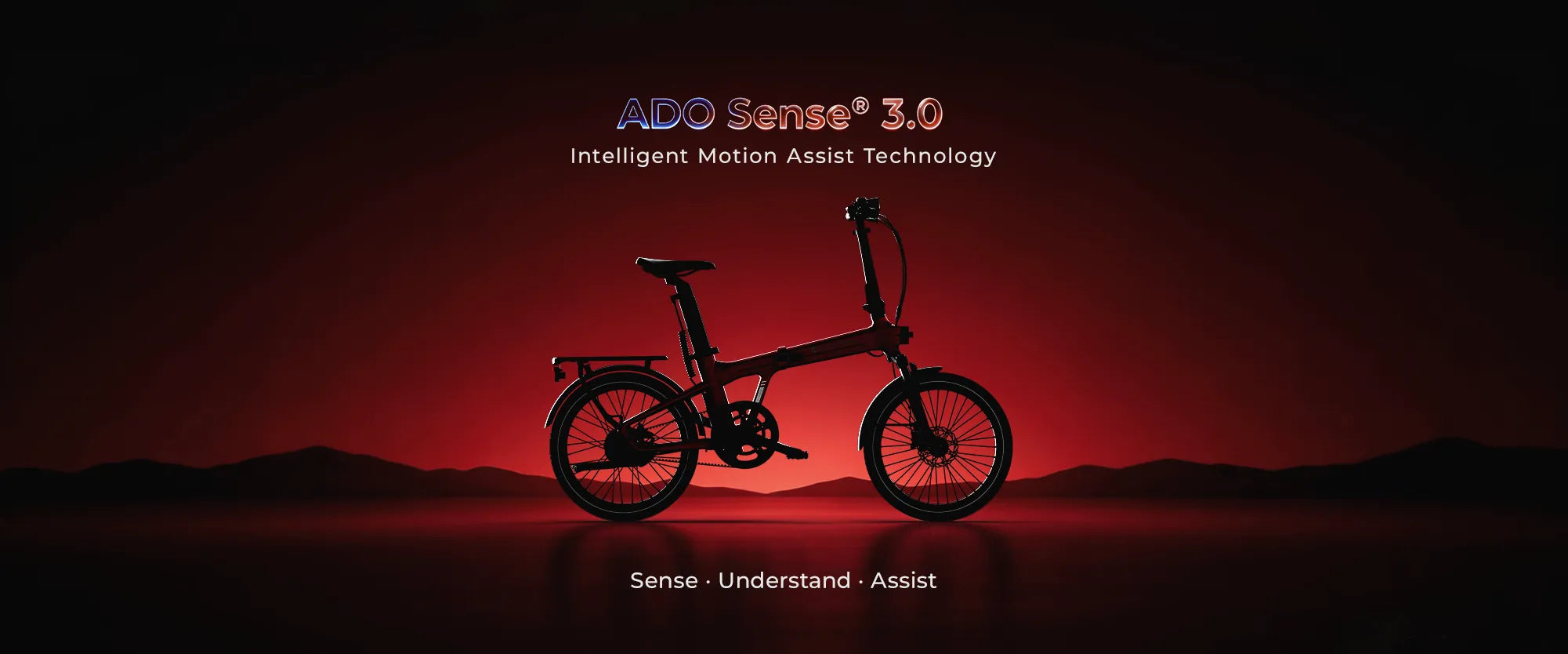 ADO Sense 3.0 intelligent assist folding electric bike promotional poster (horizontal). A bicycle silhouette is displayed against a deep red tech-inspired background, highlighting the 