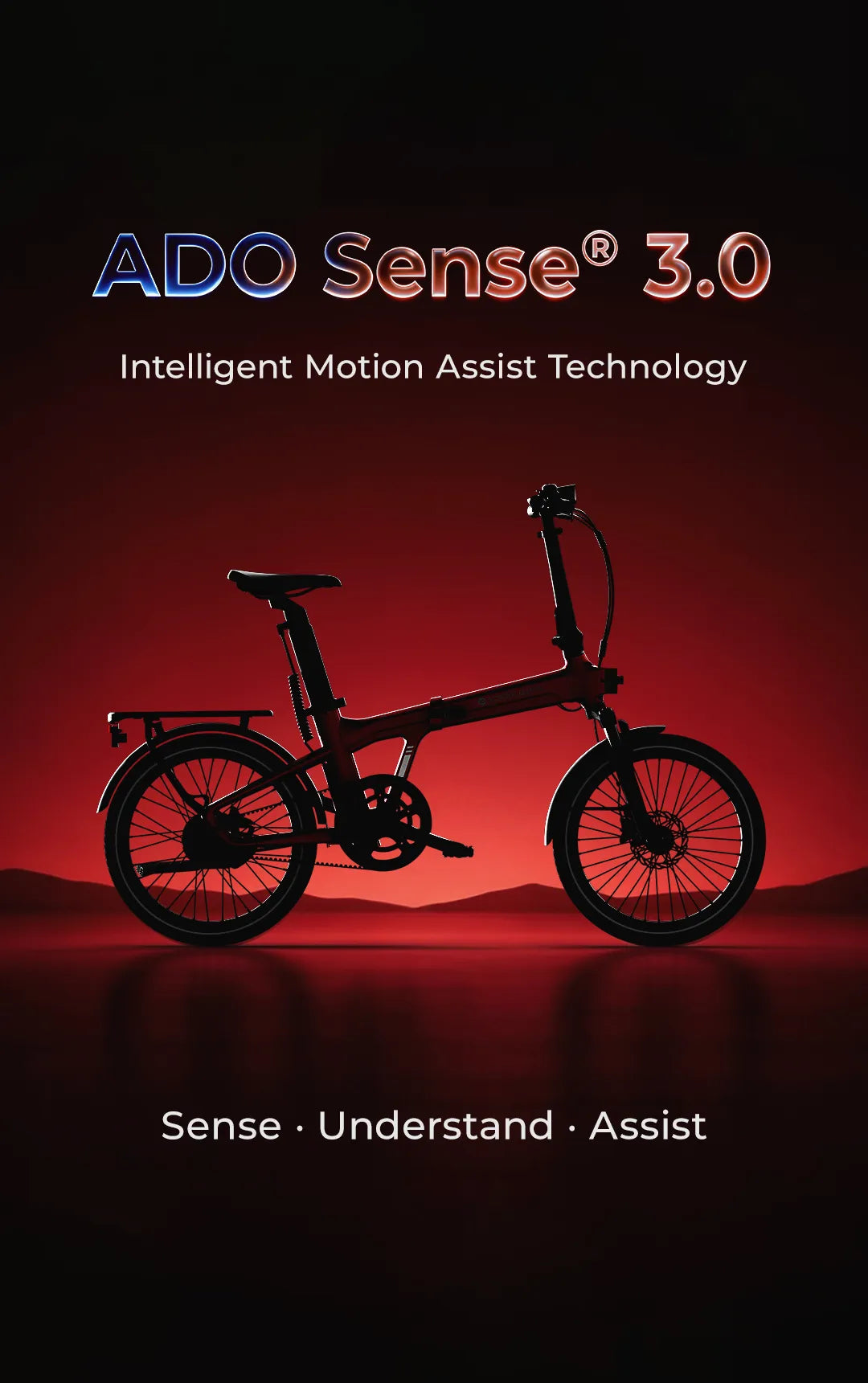 ADO Sense® 3.0 Intelligent Motion Assist System poster (vertical). Dominated by dark red tones, the image highlights the silhouette of a folding electric bike, showcasing its smart sensing and assisted riding technology.