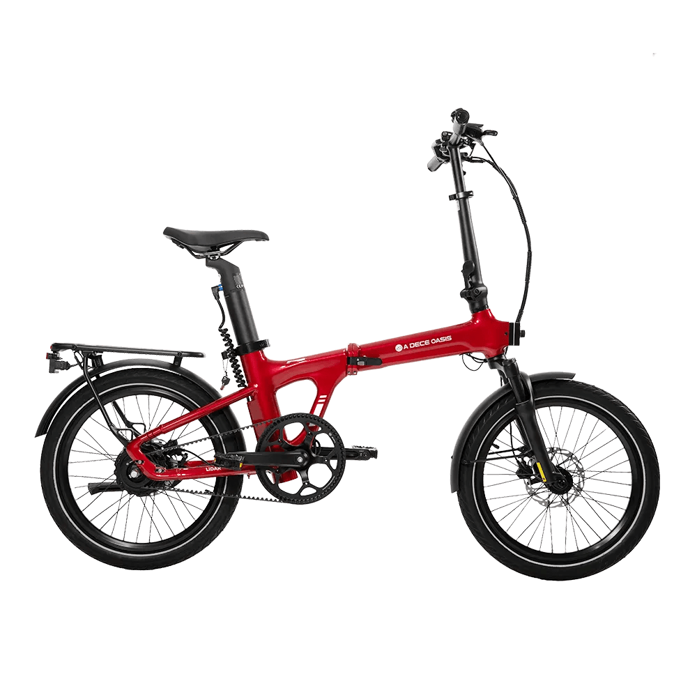 A red Air 20 folding electric bike equipped with lidar and radar sensors, shown from the right side profile on a transparent background.