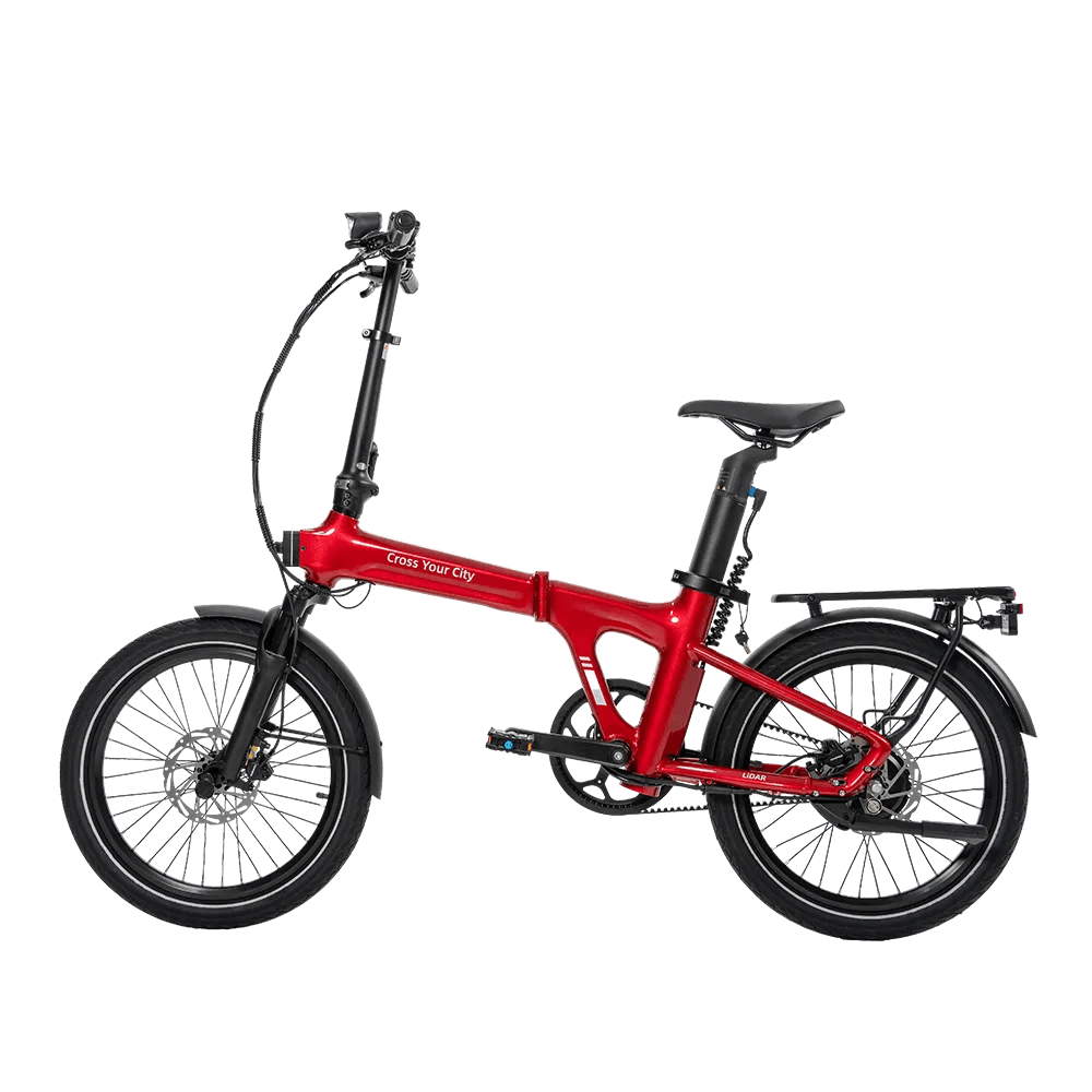 Left side view of a red Air 20 folding electric bike featuring integrated lidar and radar technology.